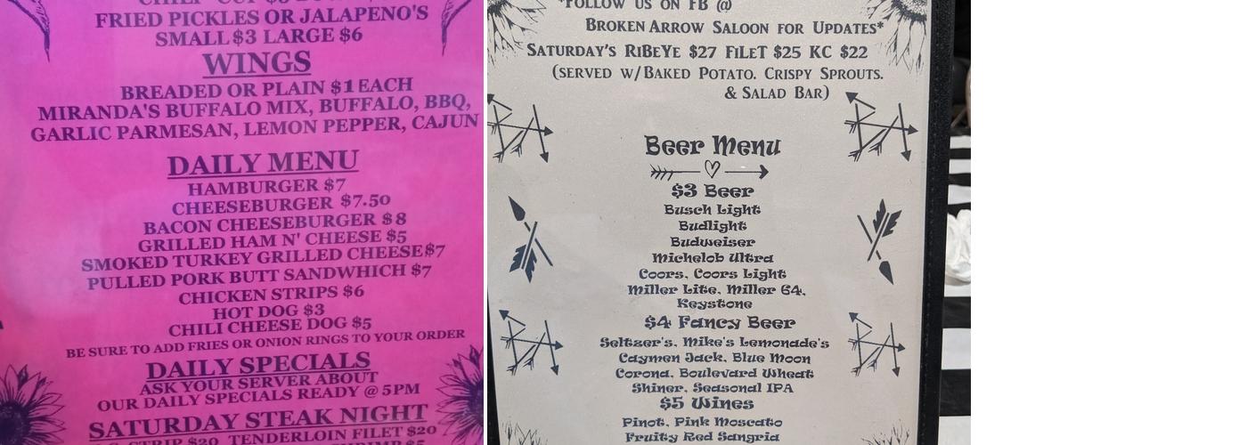 Broken Arrow Saloon Menu