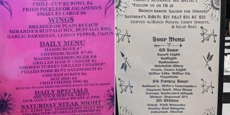 Broken Arrow Saloon Menu