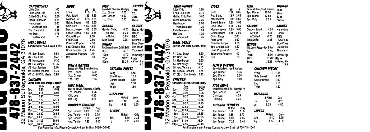 Big Chic Reynolds Menu