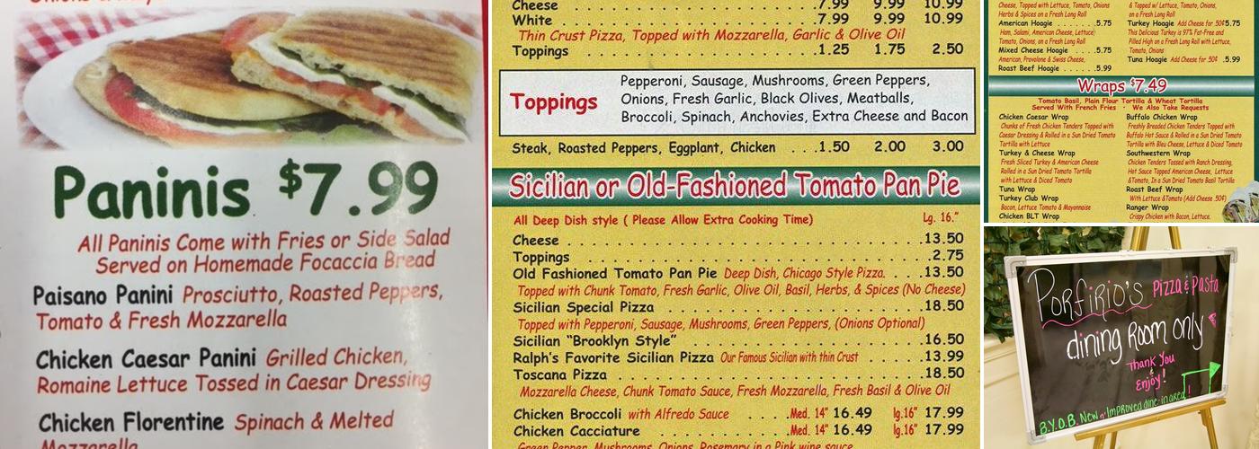 Porfirio's Pizza And Pasta Menu