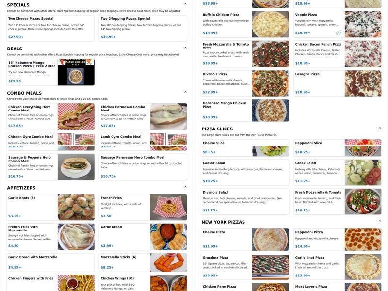 Divano's Pizzeria Menu