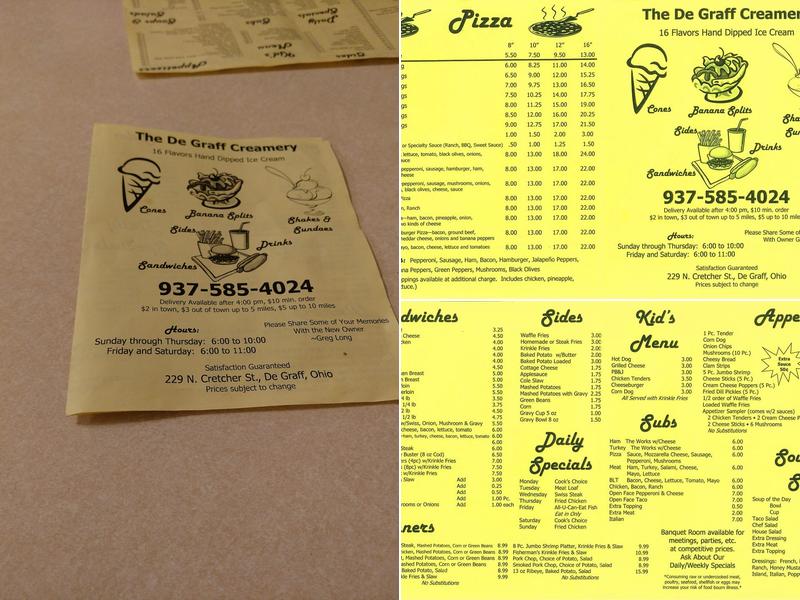 Degraff Creamery Menu