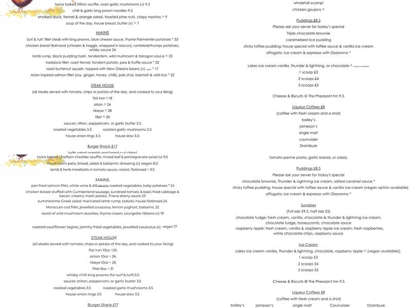 The Pheasant Inn Cumwhitton Menu