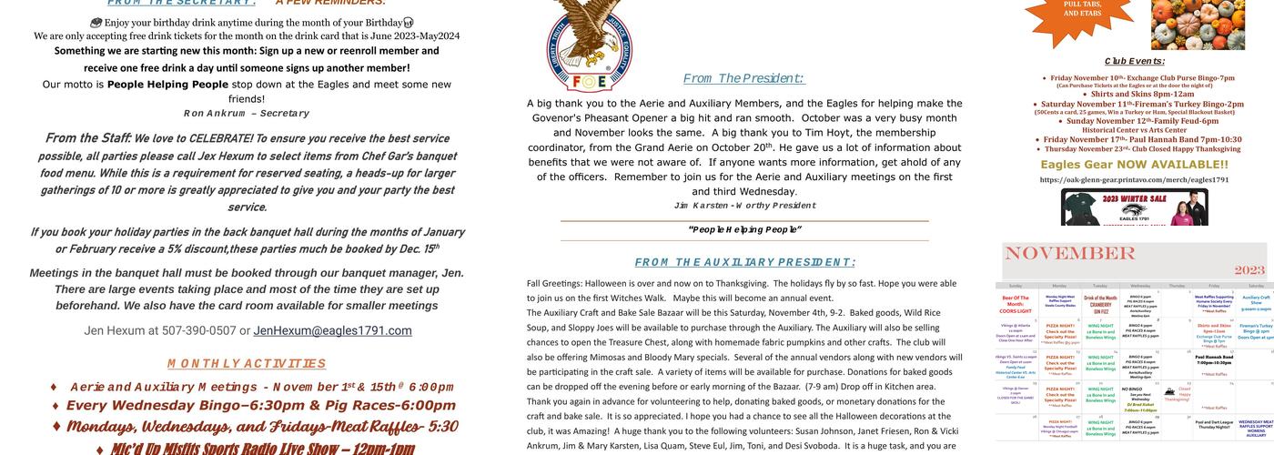 Fraternal Order of Eagles Menu