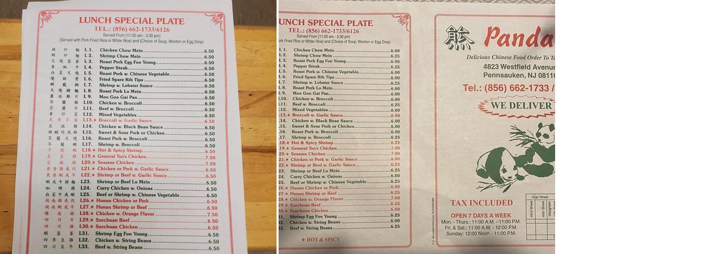 Panda Restaurant Menu