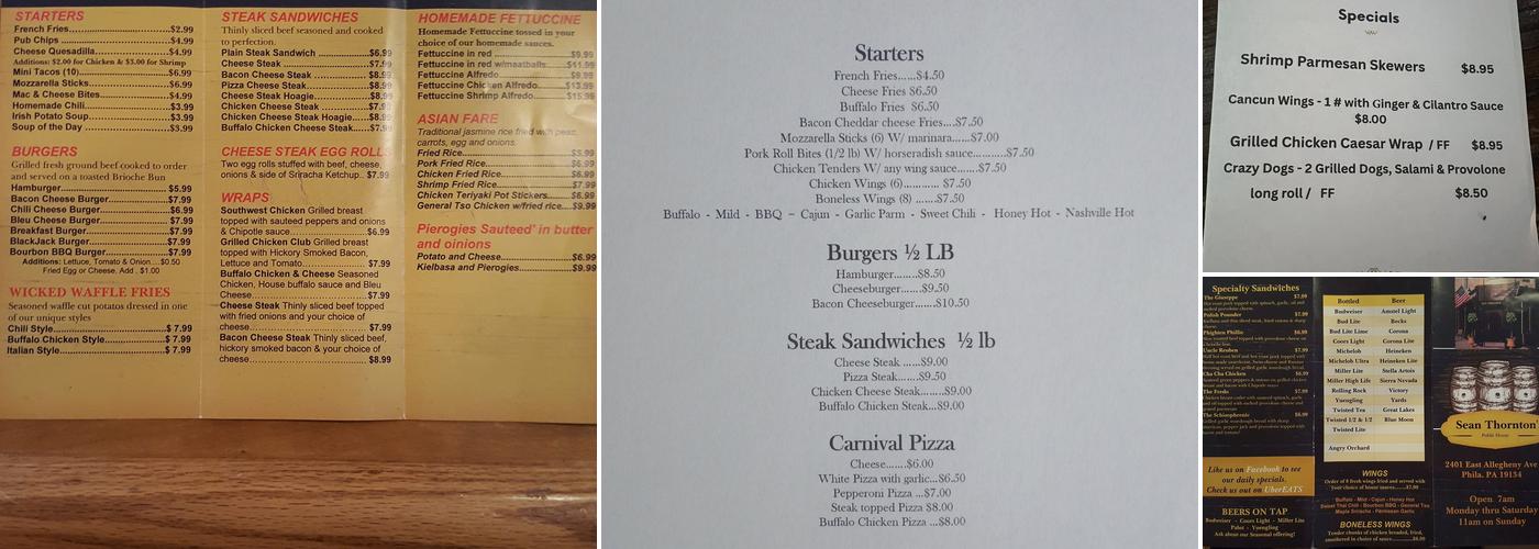 Sean Thornton's Public House Menu