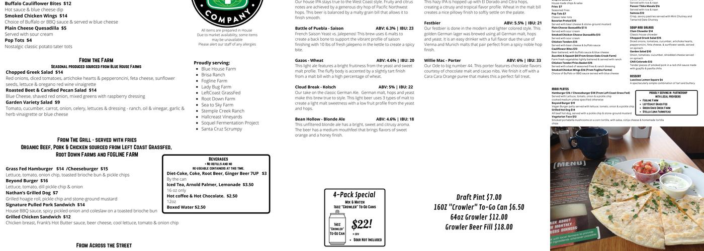 Highway 1 Brewing Company Menu