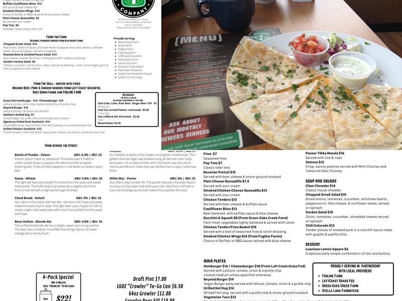 Highway 1 Brewing Company Menu