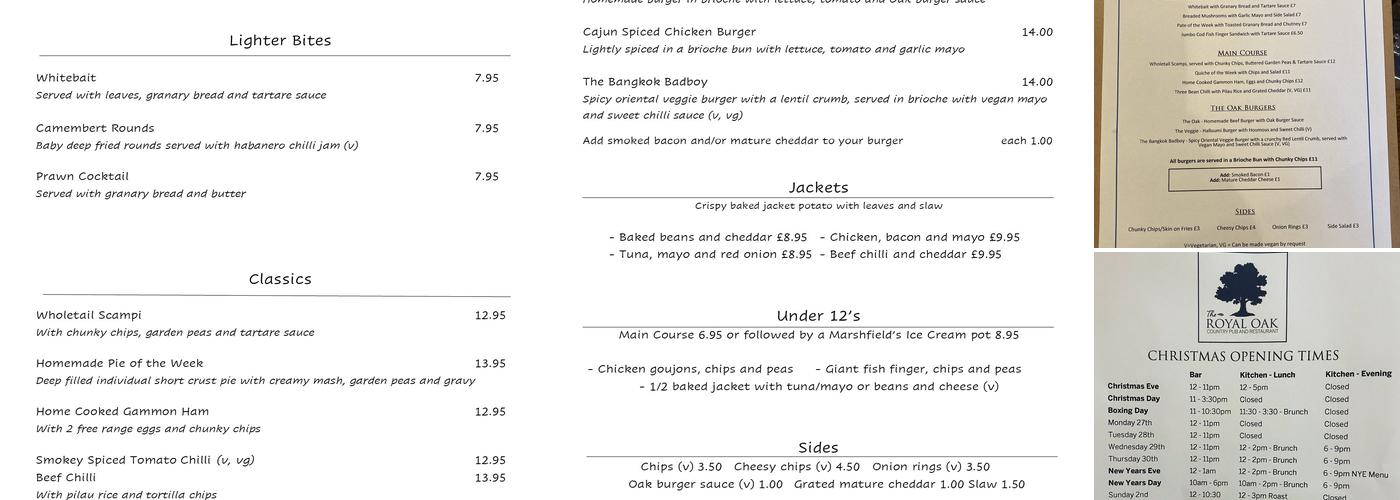 The Royal Oak, Stoford Menu