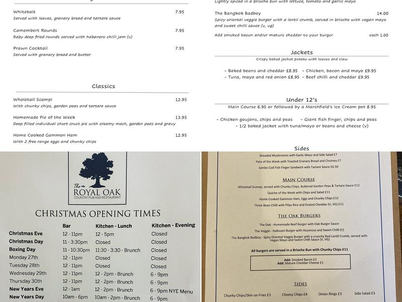 The Royal Oak, Stoford Menu