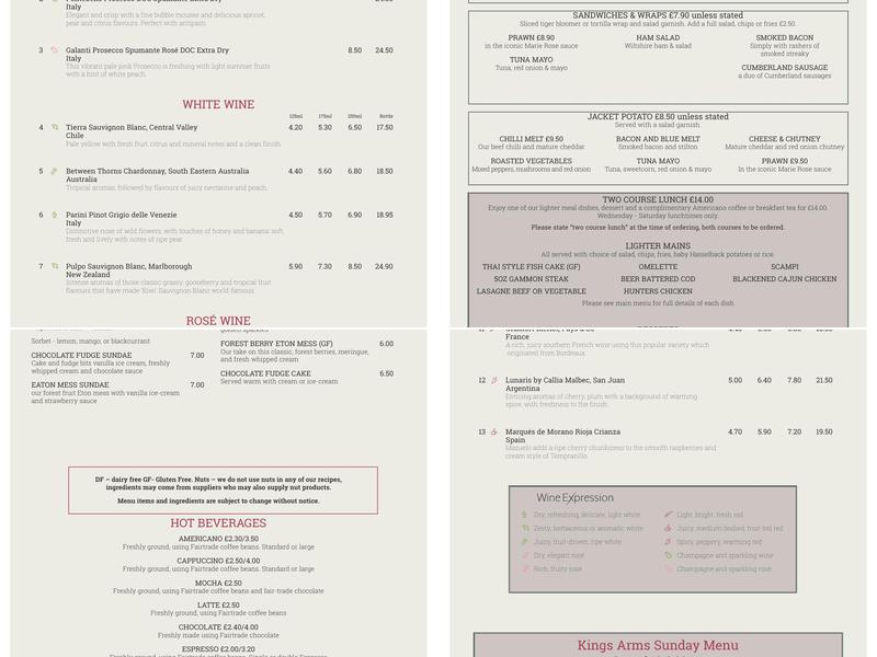 The Kings Arms Menu