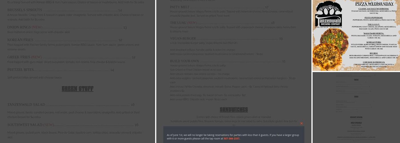Tanzenwald Brewing Company Menu