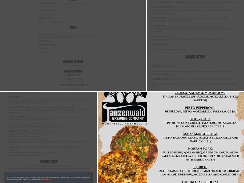 Tanzenwald Brewing Company Menu