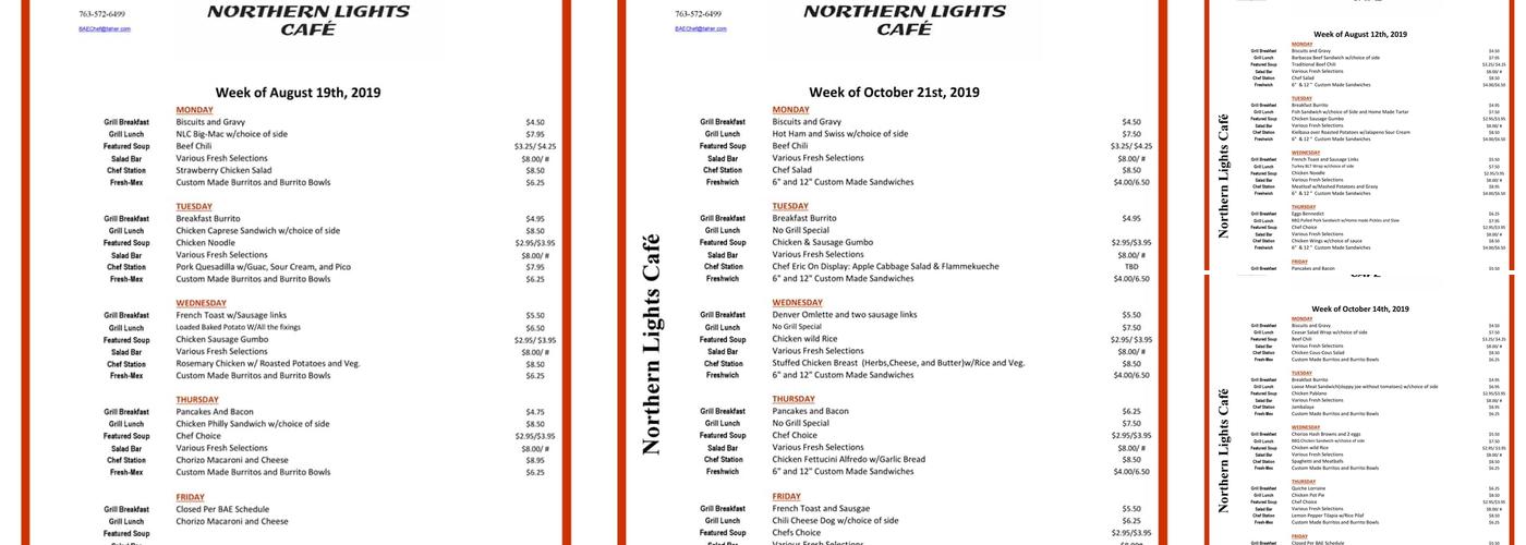 Northern Lights Café at BAE Systems Menu
