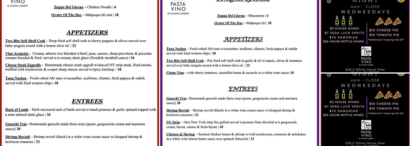 Pasta Vino Menu