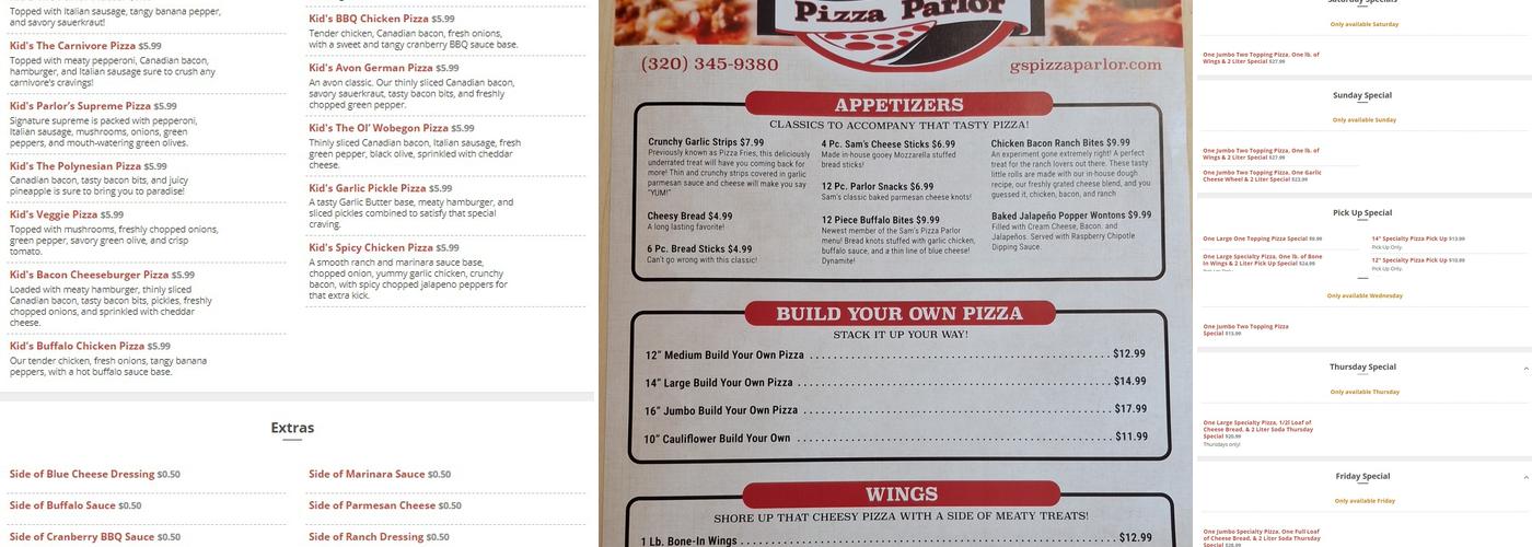 Sam's Pizza Parlor Menu