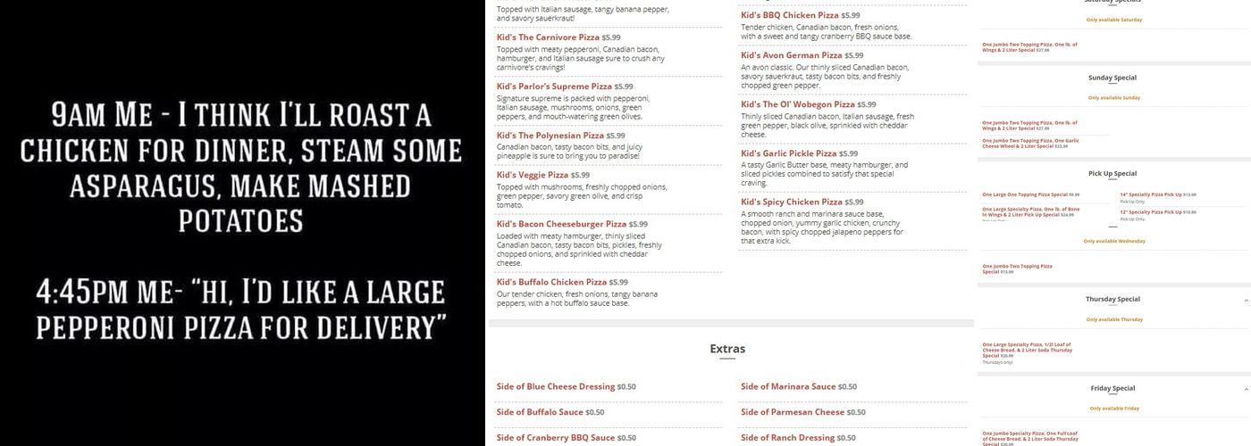 Sam's Pizza Parlor Menu