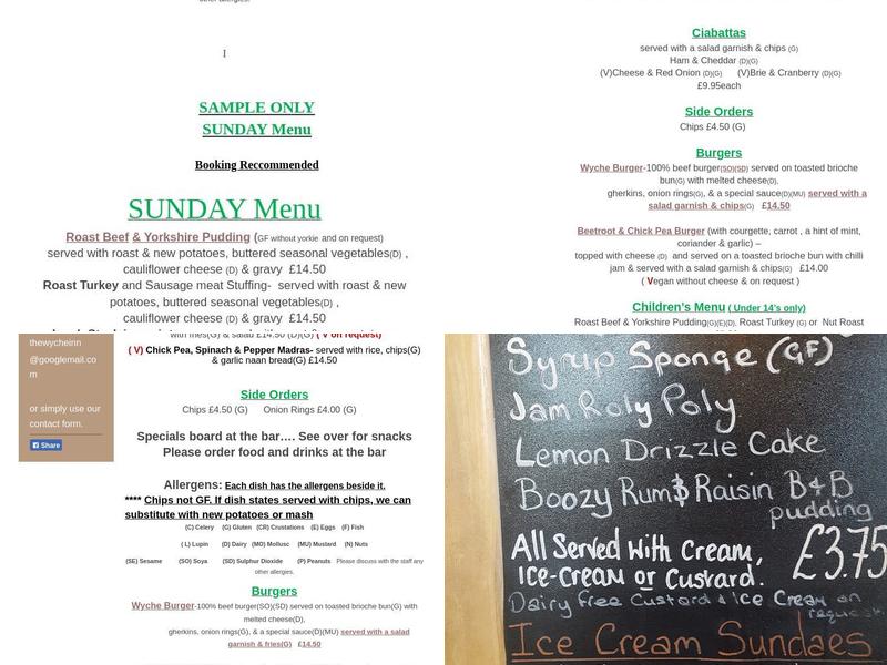 The Wyche Inn Menu