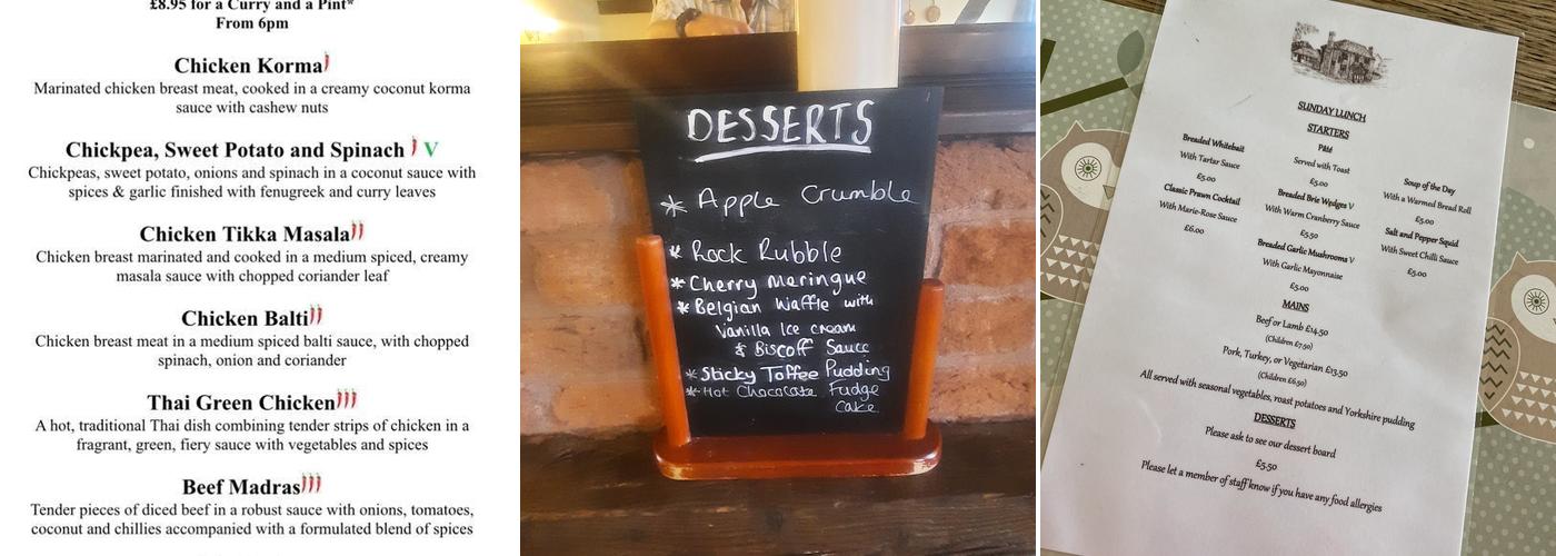 The Rock Cross Inn Menu