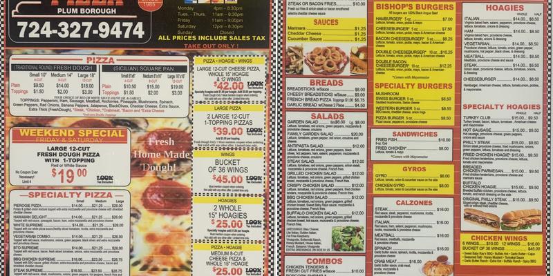 Bishop's Pizza Menu