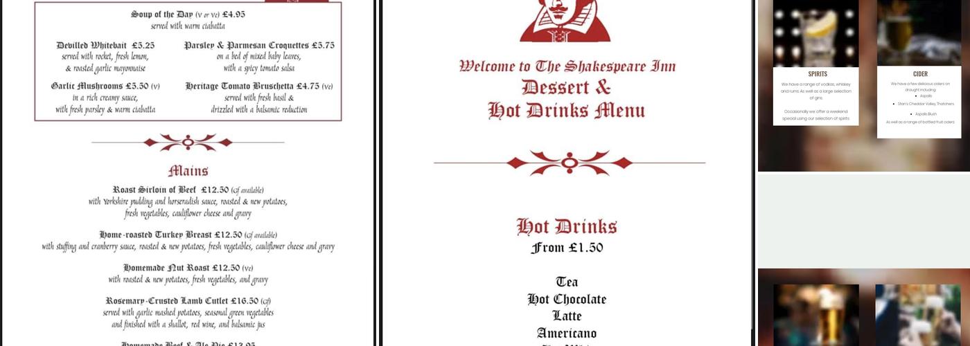The Shakespeare Inn Menu