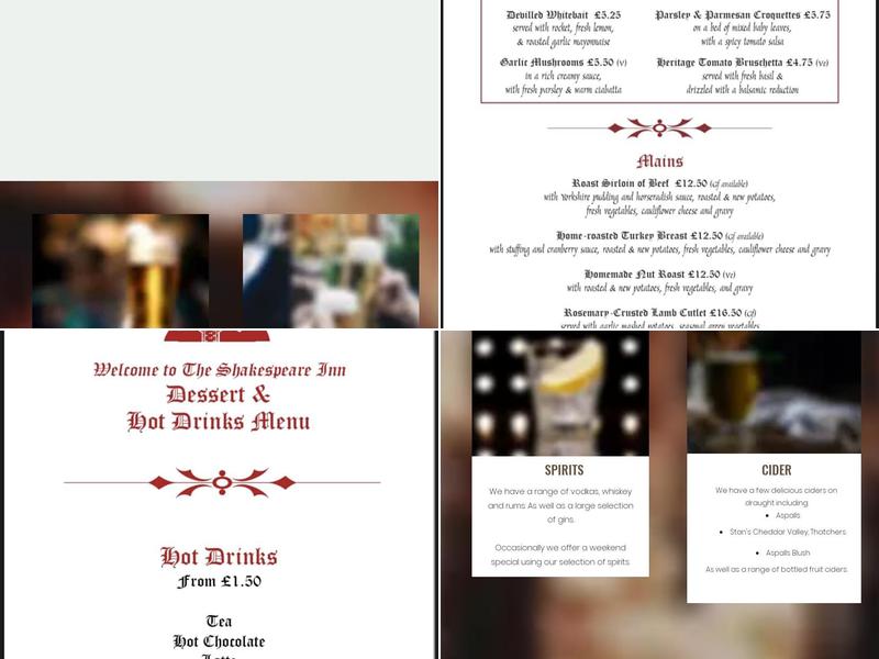 The Shakespeare Inn Menu