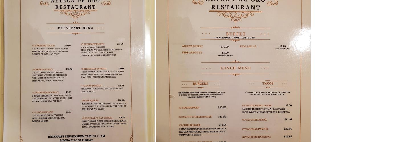 Azteca De Oro Restaurant Menu