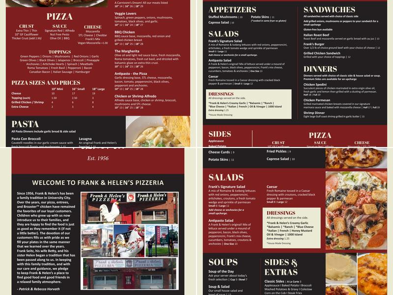 Frank & Helen's Pizzeria Menu