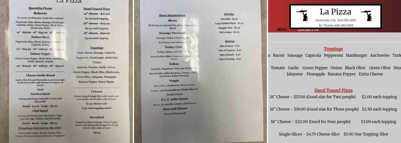 La Pizza Menu