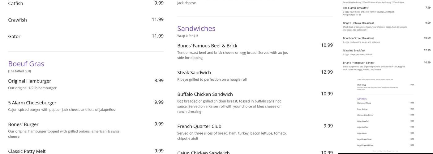 Bones French Quarter Menu