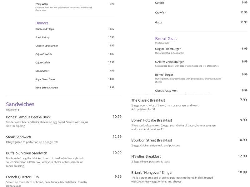 Bones French Quarter Menu