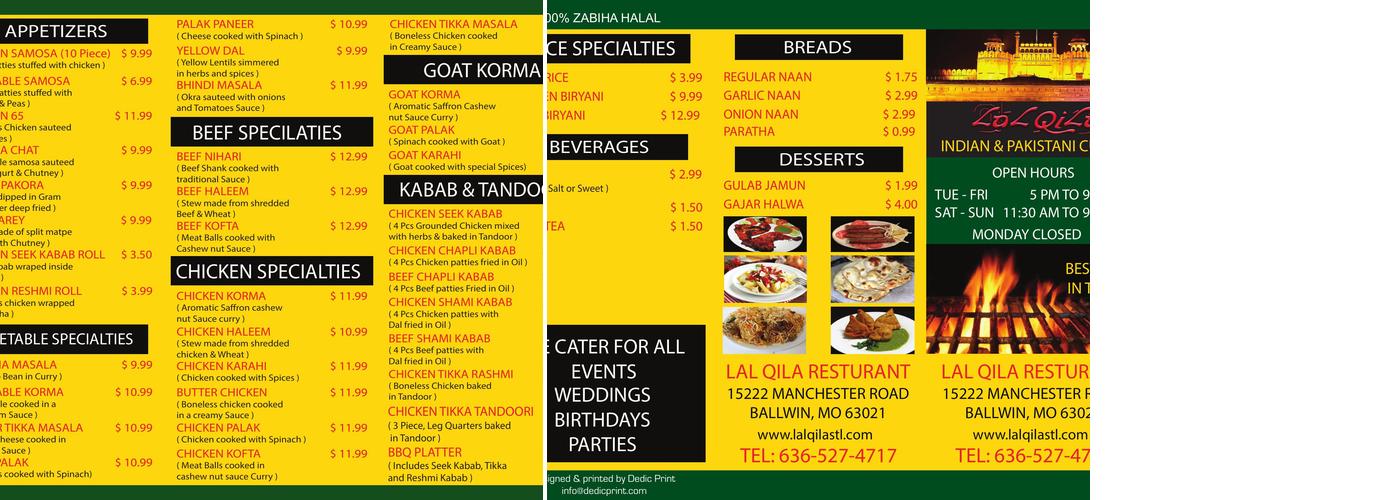 Lal Qila Pakistani, Afghan-Persian Cuisine Menu