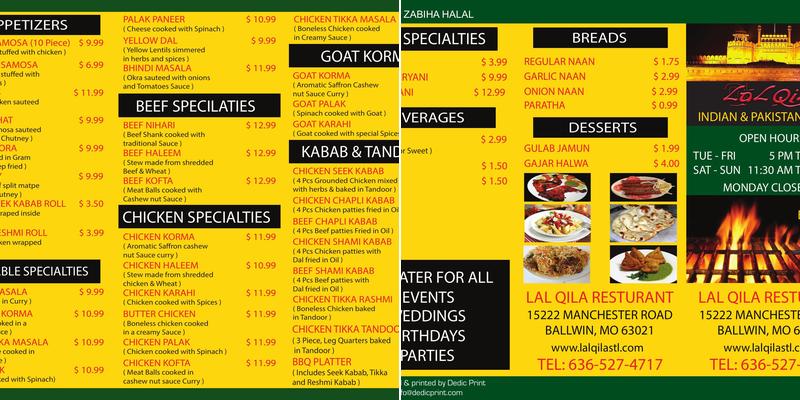 Lal Qila Pakistani, Afghan-Persian Cuisine Menu