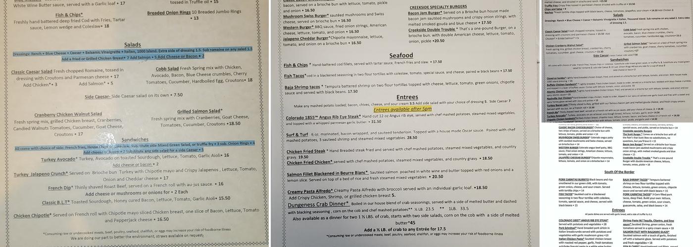 Creekside Clubhouse & Grill Menu