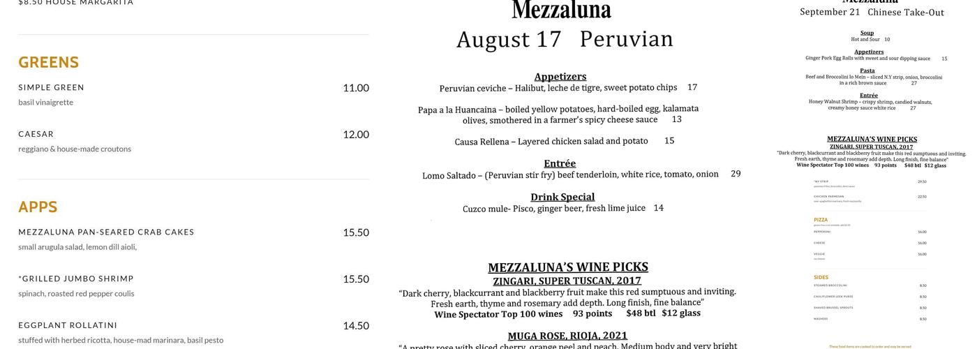 Mezzaluna Willits Menu