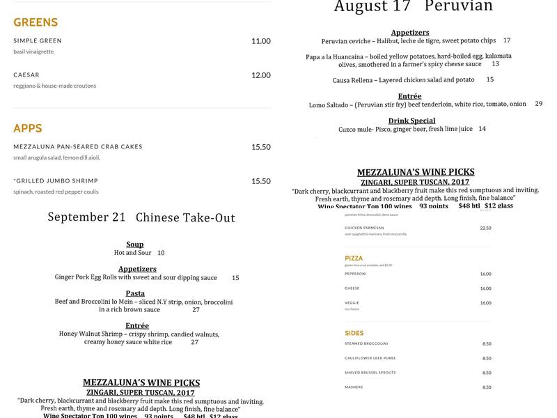 Mezzaluna Willits Menu