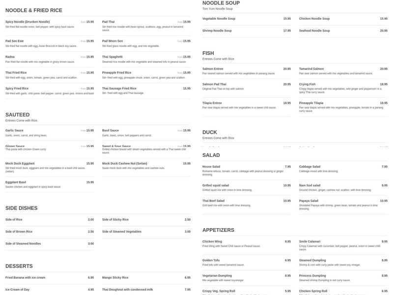 Smile cafe Thai Restaurant Menu