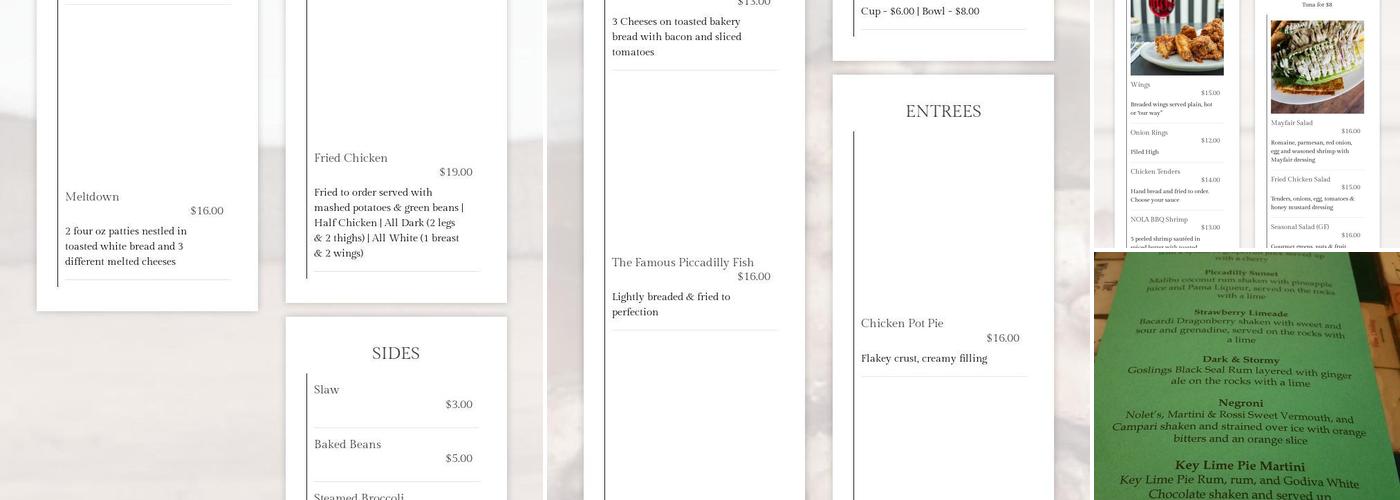 The Piccadilly at Manhattan Menu