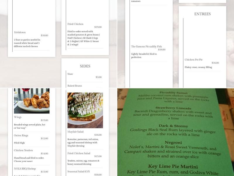 The Piccadilly at Manhattan Menu