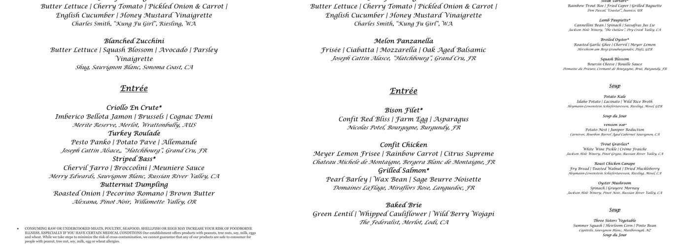 Jenny Lake Dining Room Menu