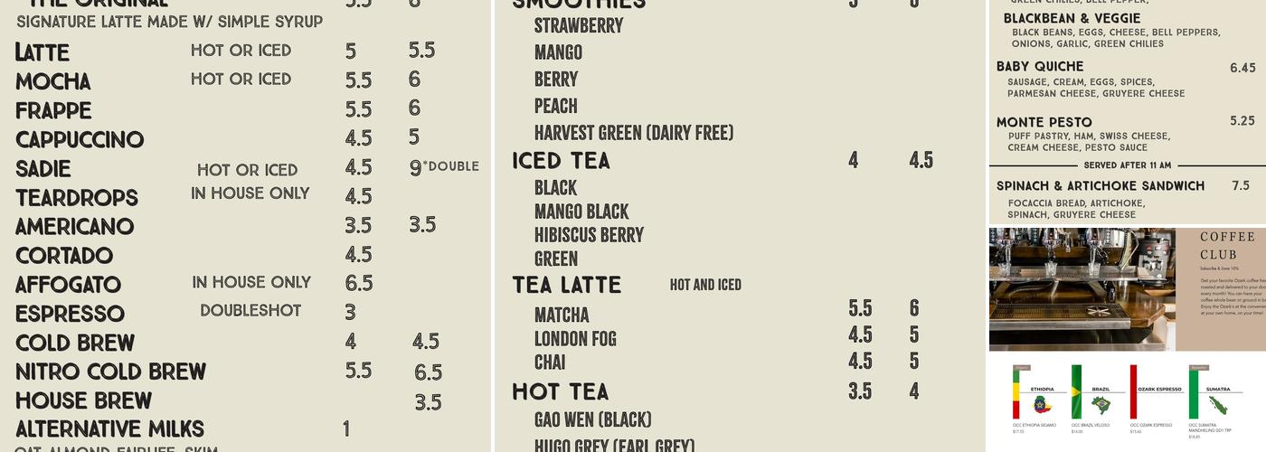 Ozark Coffee Company and Roastery Menu