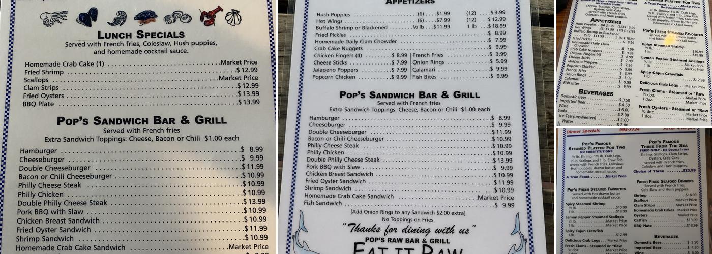 Pop's Raw Bar Menu