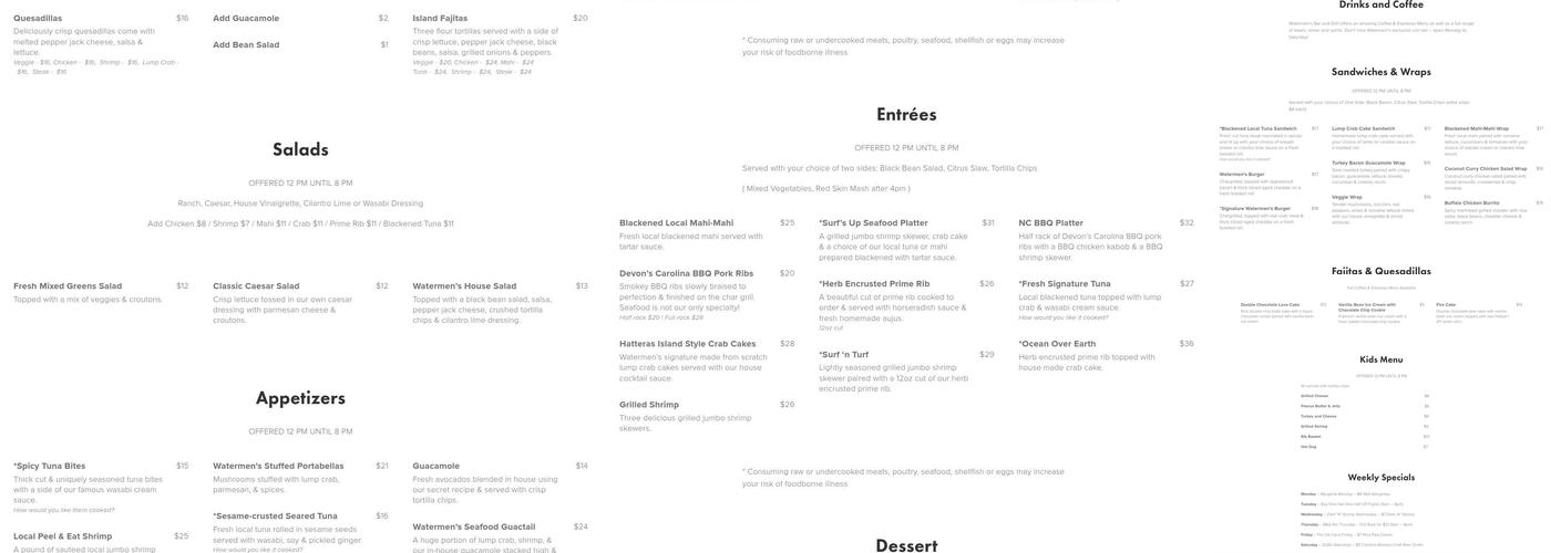 Watermen's Bar & Grill Menu