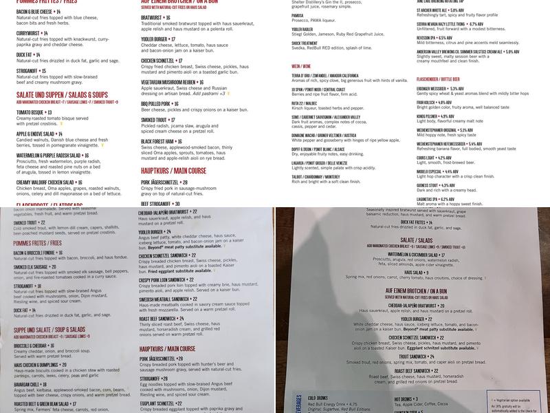 The Yodler Restaurant & Bar Menu