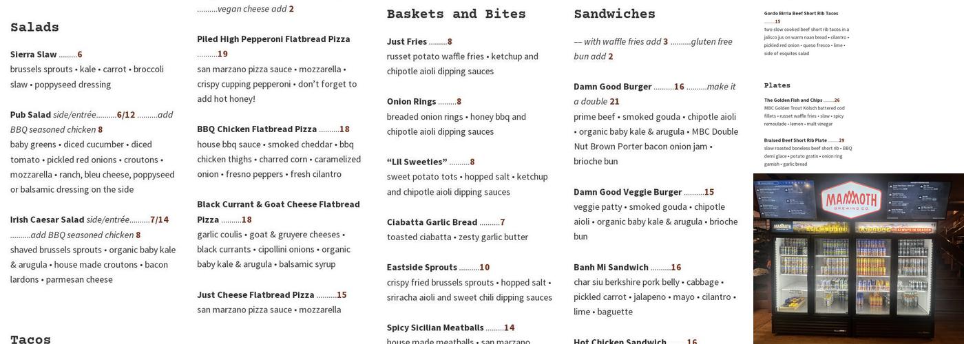The Eatery at Mammoth Brewing Company Menu