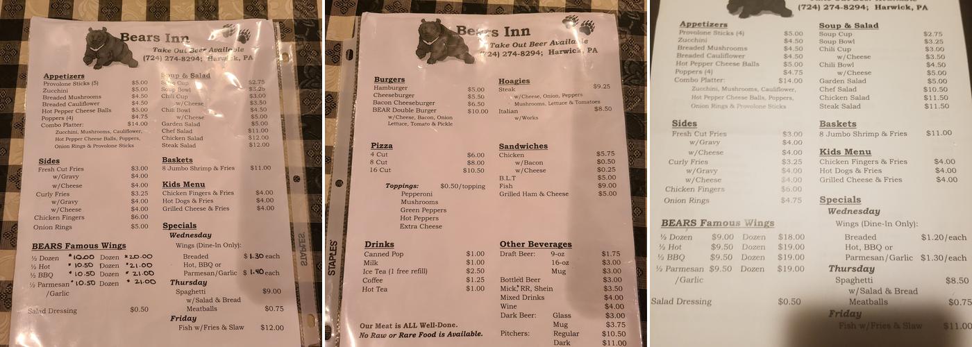 Bear's Inn Menu
