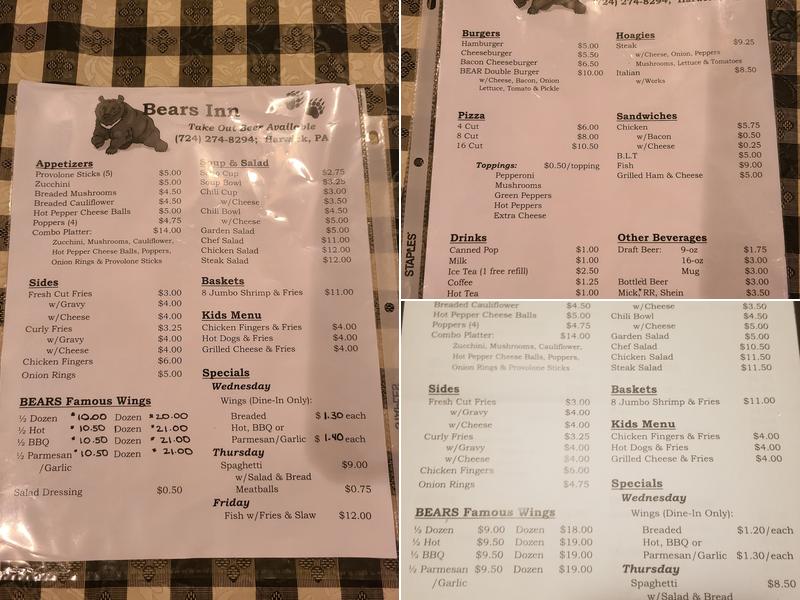 Bear's Inn Menu