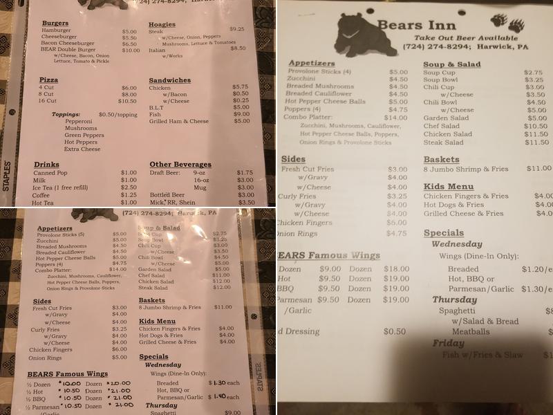Bear's Inn Menu