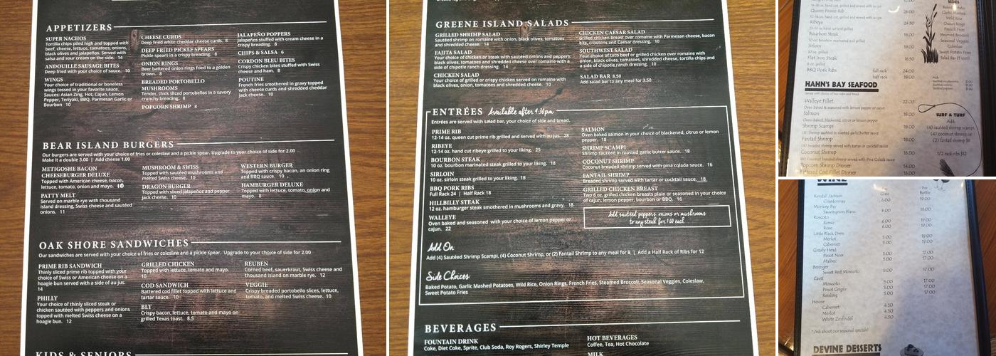 A Frame Bar and Grill Menu