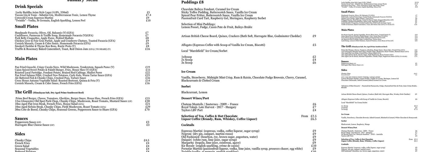 Cross House, Doynton Menu